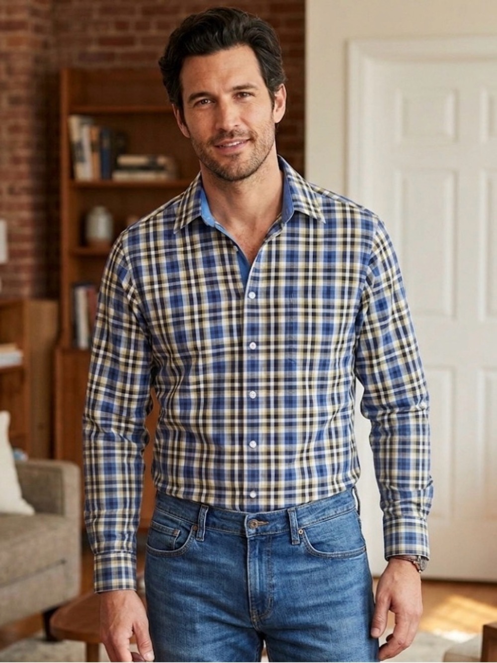 Cremieux Men's Easy Care 100% Cotton Blue and Yellow Plaid Shirt size large